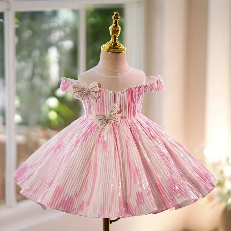 Dreamy Vow J432 Elegant Pink White Girls Dress Pleated Fabric Floral Decoration for Kids Wedding Birthday Party Short Ball Gown