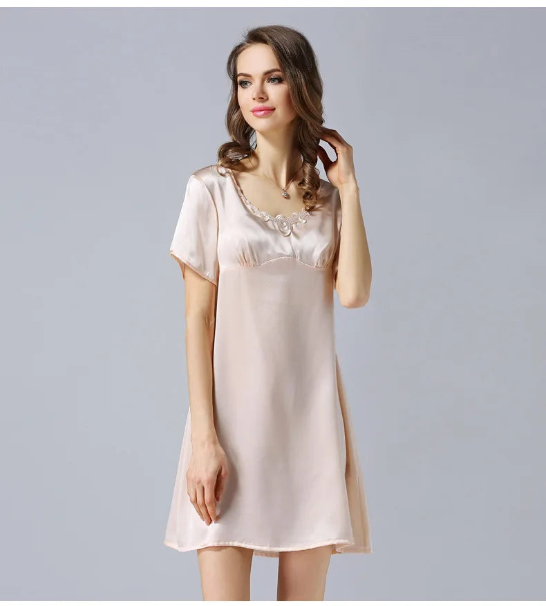 Women's 2023 Spring/Autumn Silk Pajamas 100%Natural Mulberry Silk Short Sleeved Nightdress Noble Silk Home Clothes Pajamas