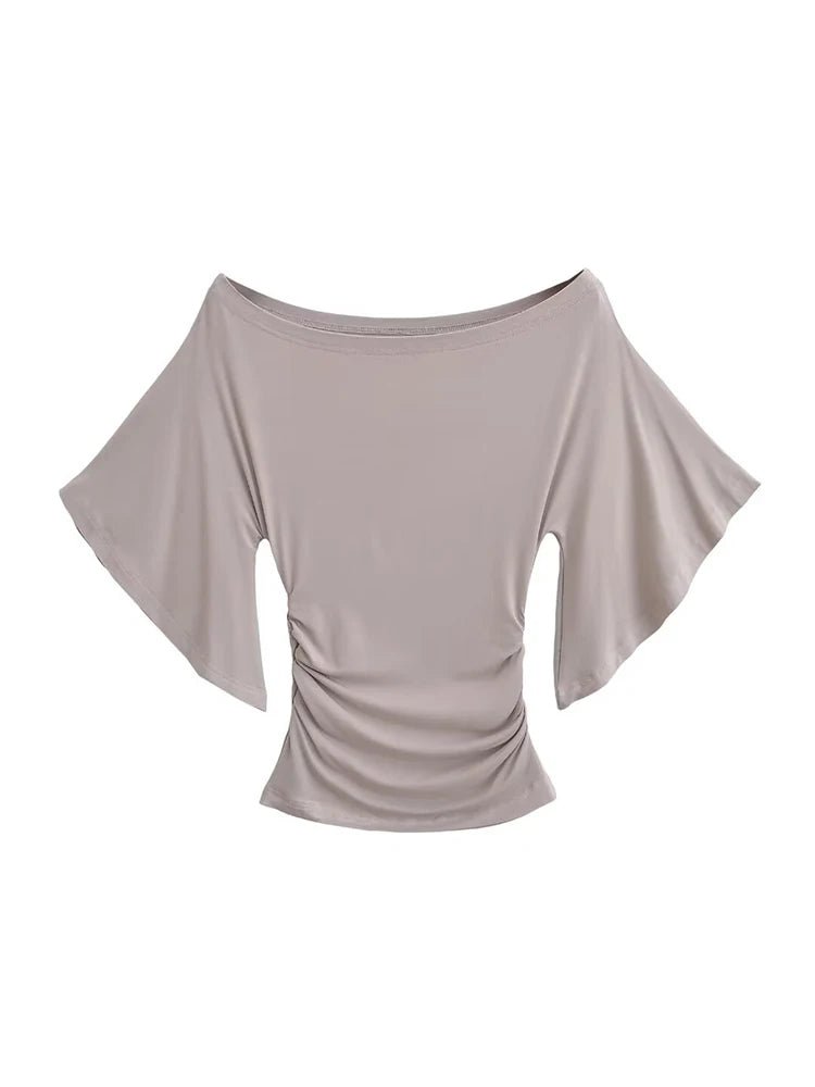Women's Off-Shoulder T-Shirt - Bat Sleeve Ruched Slim Fit Top