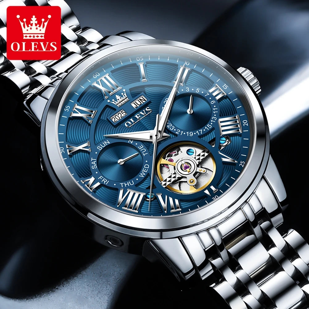 OLEVS 6668 Original Men's Watch Multifunctional Skeleton Waterproof Stainless steel Strap Business Automatic Mechanical Watches