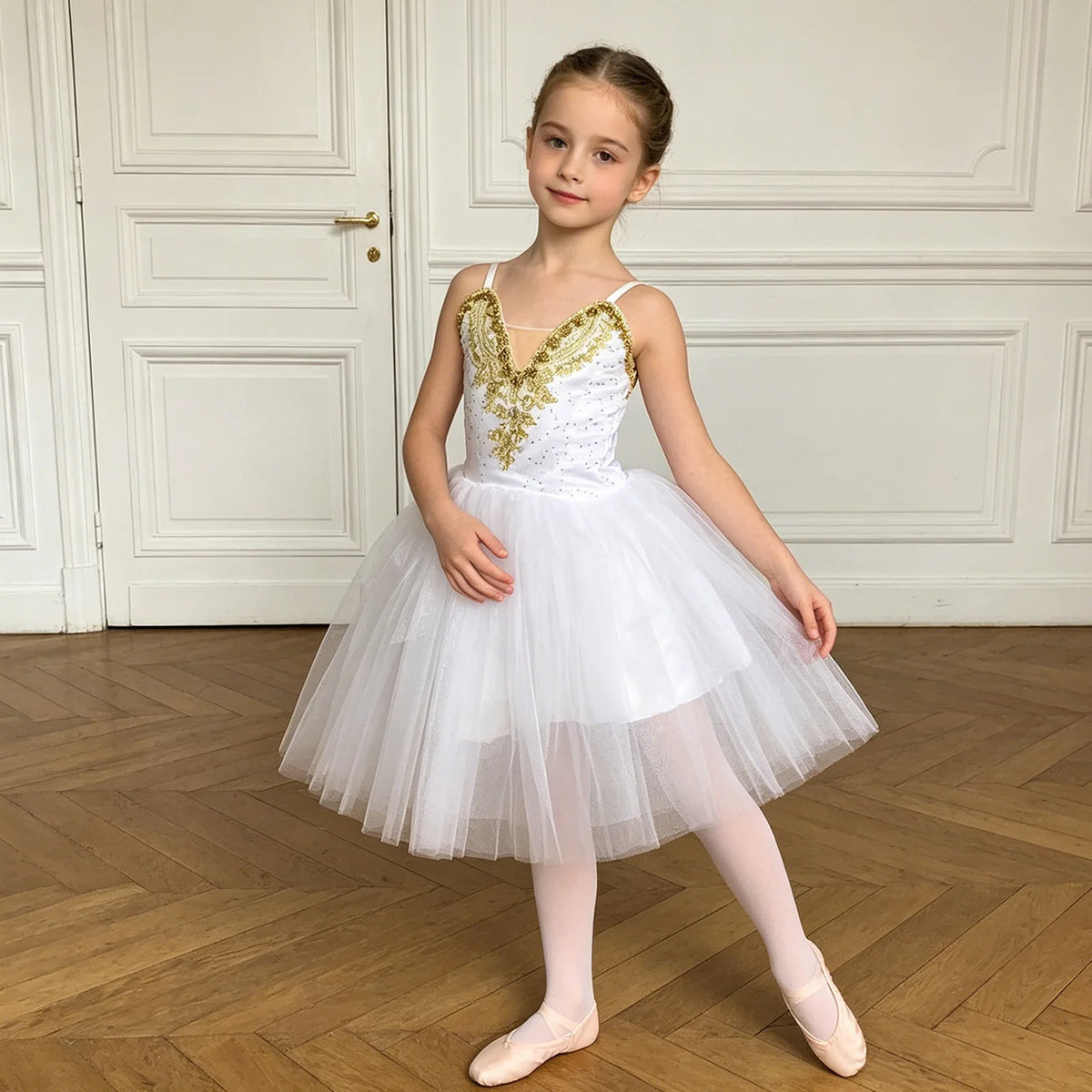 Kids Girls Tutu Ballerina Ballet Dance Performance Dress Adjustable Spaghetti Strap Applique Bodice Tulle Tutu Dress Dancewear