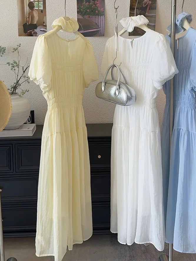 Temperament Dress 2025 Summer Korean Edition Reduced Age Bubble Sleeve Hundred Fold Waist Long Dress
