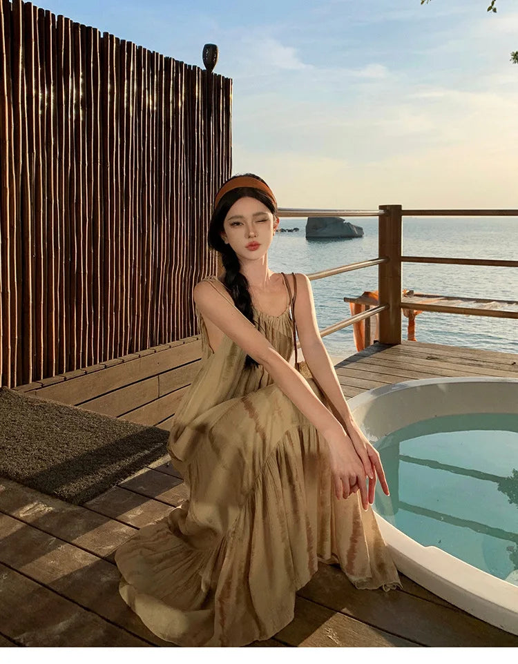 Summer Breeze New Style Folded Hem Strap Dress French Vacation Cool Neck Hanging Skirt Long A-Line Gown round Neck Sleeveless