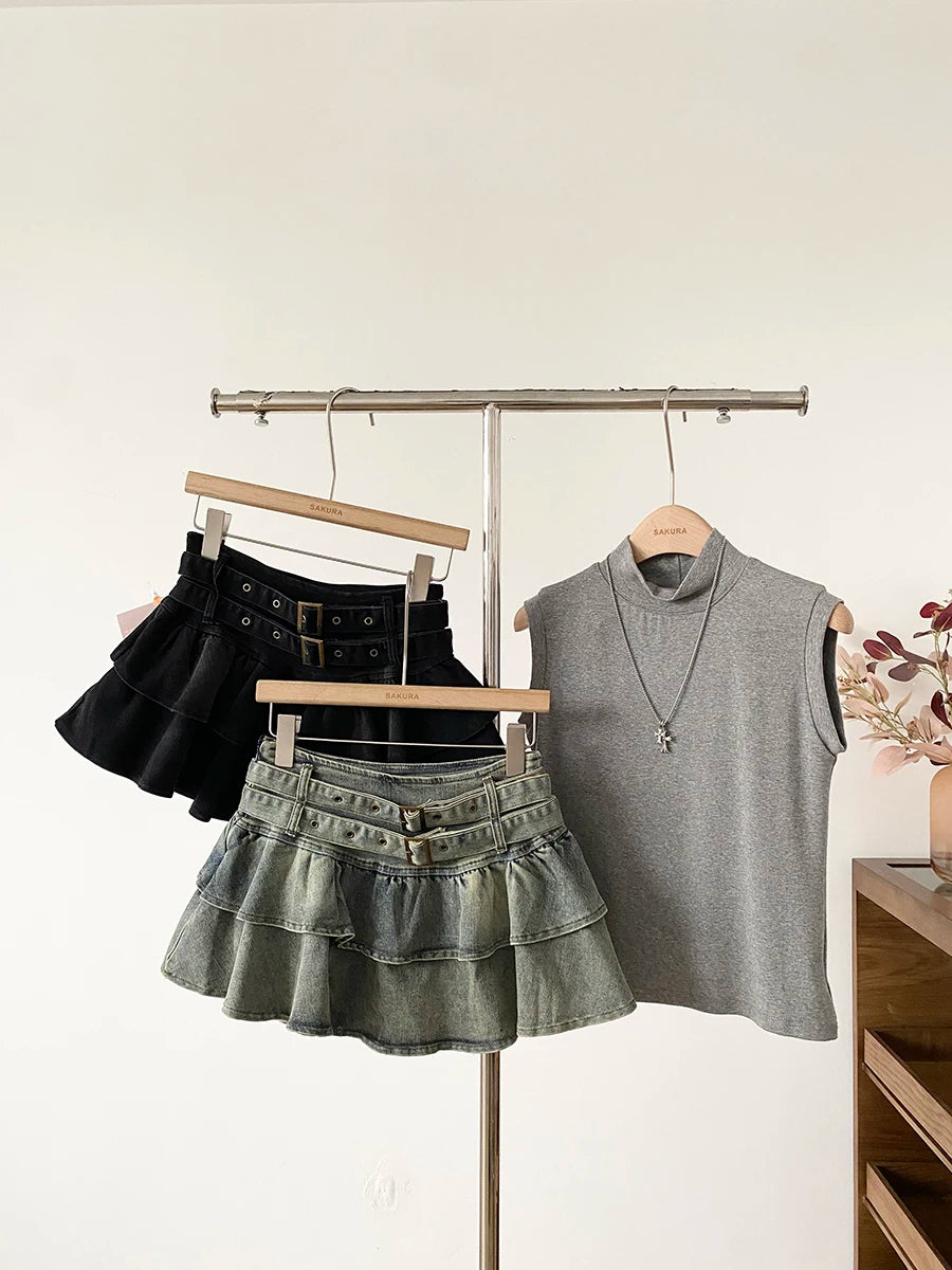 Low Waist Denim Skirt Women's Spring 2026 New Style Double Belt Anti-Light Short Skirt Casual High Waist Polyester Fiber