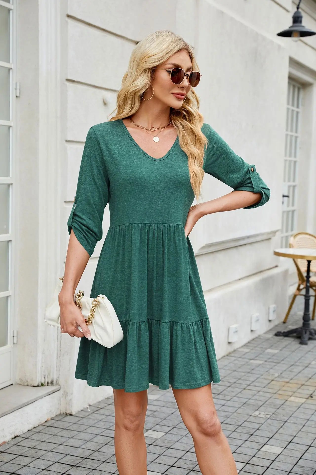 Women Spring Summer Loose 3/4 Sleeve V-Neck Ruched Ruffled Flowy Midi Dress EU US