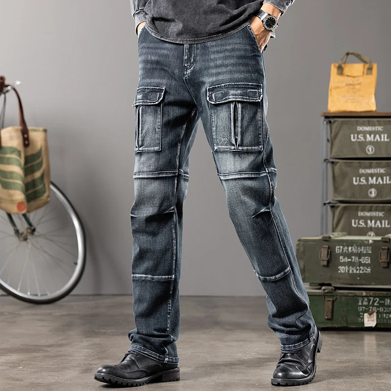Mens Wide Leg Outdoor Work Jeans With Multi Pocket Design And Straight Fit For Plus Size 42 44 Autumn Winter