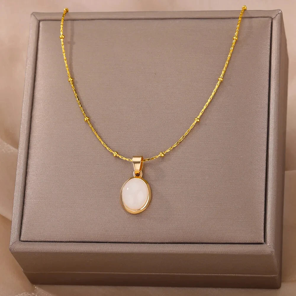Fashion Stone Opal Oval Necklace For Women'S Stainless Steel Gold Color Oval Stone Pendant Necklace Wedding Aesthetic Jewelry