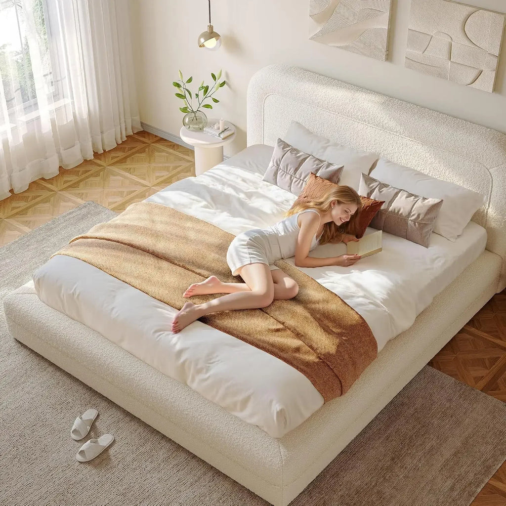 Queen Boucle Cloud Bed Frame Soft Rounded Corners Headboard No Box Spring Needed
