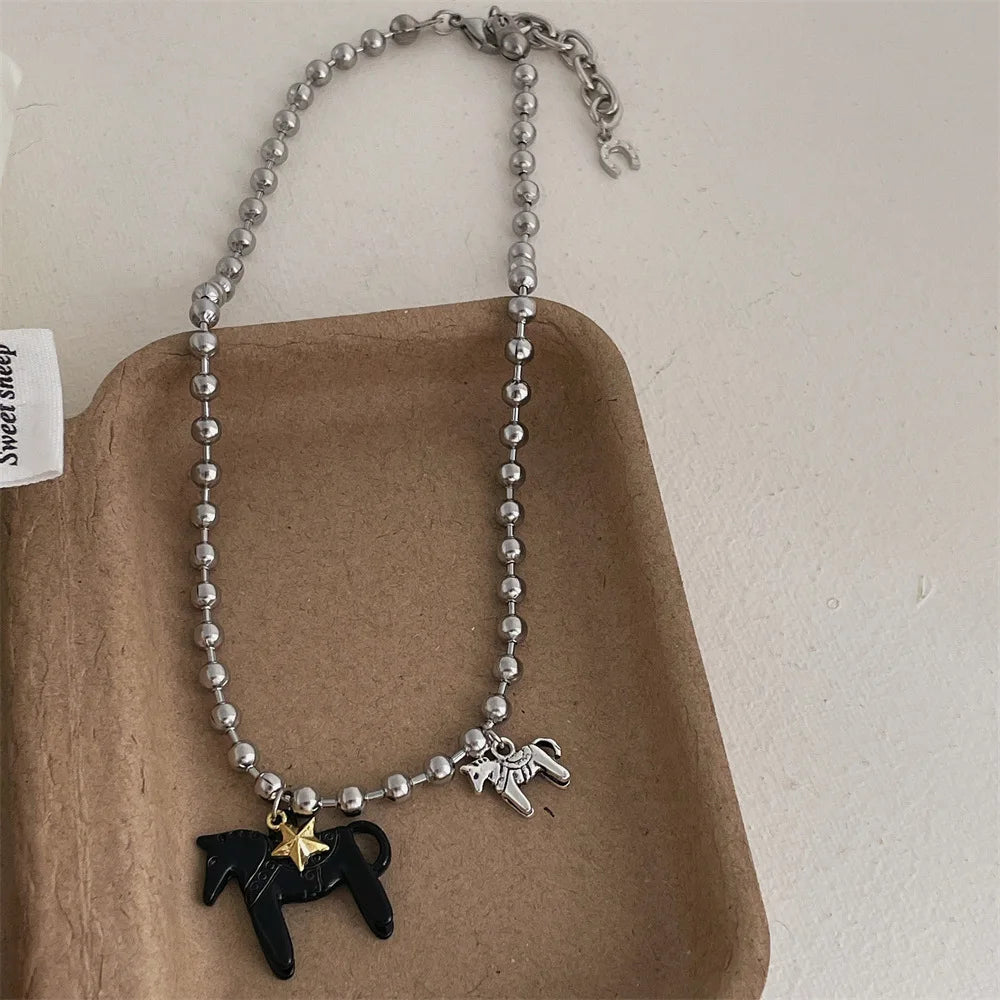 Lats White Black Green Blue Pink Color Enamel Colt Horse Pendant Necklaces For Women'S Silver Plated Alloy Beads Chain Chokers