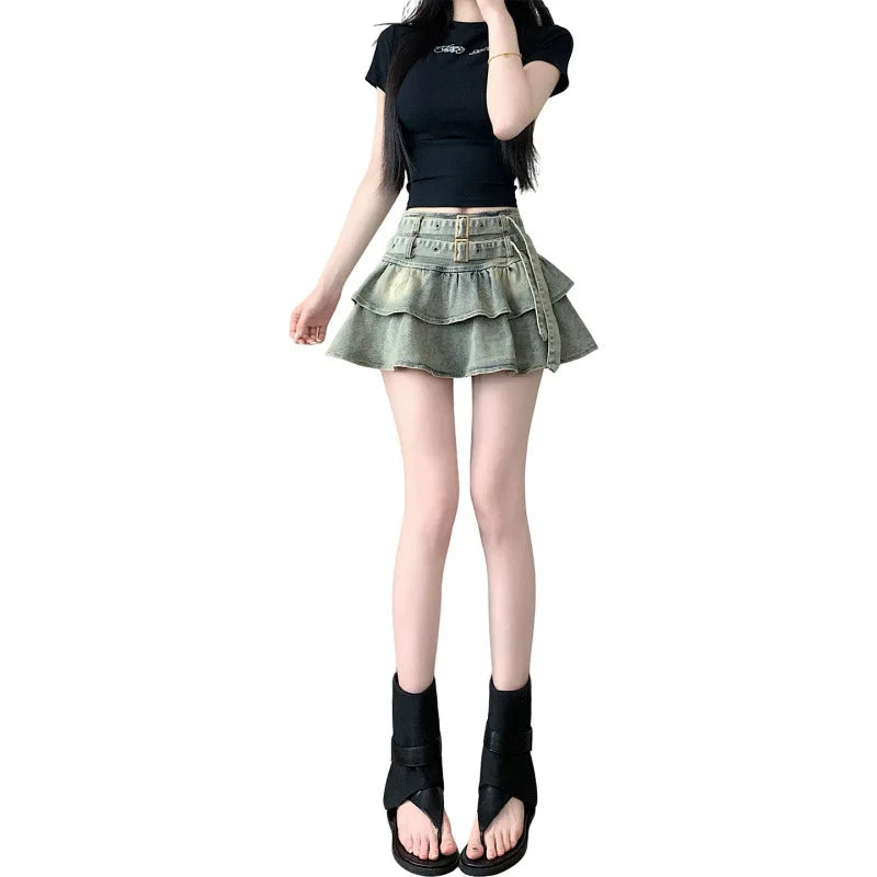 American Pure Desire Spicy Girl Design Elastic Denim Skirt Half-length Pleated Cake Skirt Short Commute High Elasticity