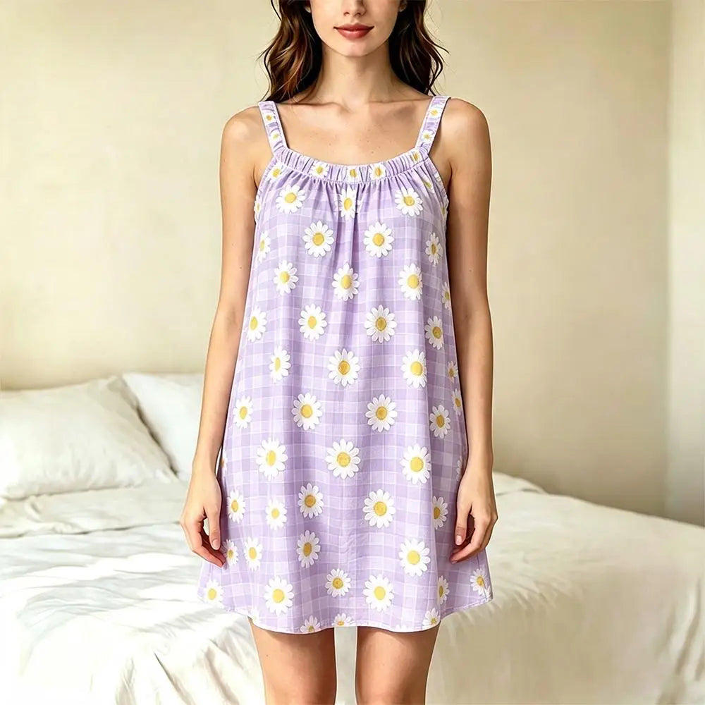 Women Summer Camisole Nightgown Sweet Daisy Plaid Print Loose Sleeveless Night Dress Soft Breathable Casual Ladies Homewear