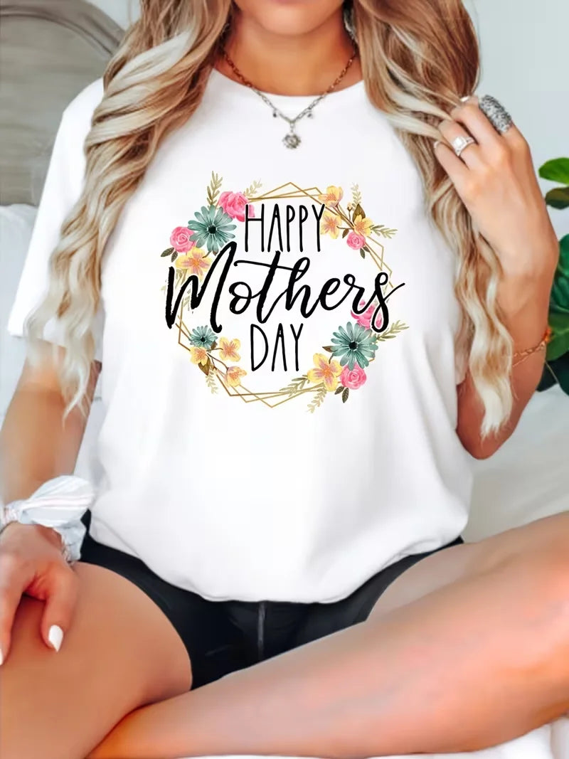 Women's Floral Heart Print T-Shirt - Casual Short Sleeve Round Neck