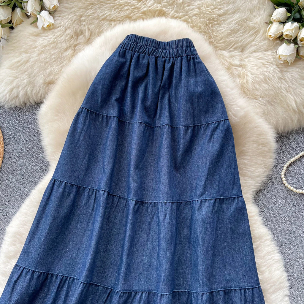 Korean Style A-Line  Skirt Women's Summer Slimming Elastic Waist Denim Patchwork Skirts City Commute Universal Long Skirts
