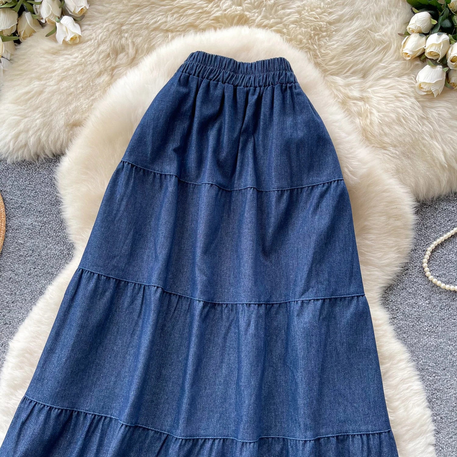 Korean Style A-Line  Skirt Women's Summer Slimming Elastic Waist Denim Patchwork Skirts City Commute Universal Long Skirts