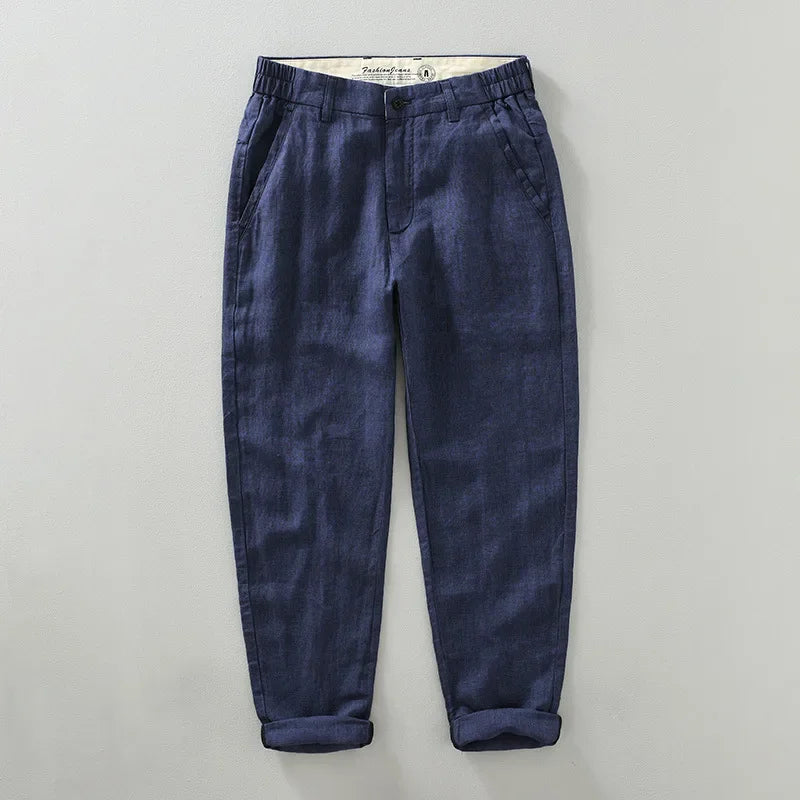 2025 Summer New Breathable Pure Linen Casual Pants for Men Clothing Slim Streetwear Men Ankle-length Pants EC1333