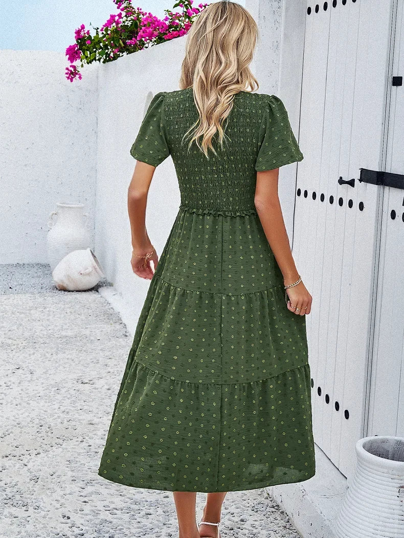 Summer Women's Casual Polka Dot Long Dress Vacation Boho Short Sleeve Solid V-neck Beach Sundress Elastic Waist Midi Dresses