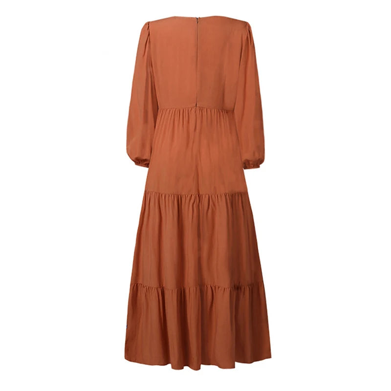 Woman's Solid Color V Neck Dress Elegant A Line Maxi Dress with Pleated Long Sleeves Femme Robe Solid Color Big Swing for Dating