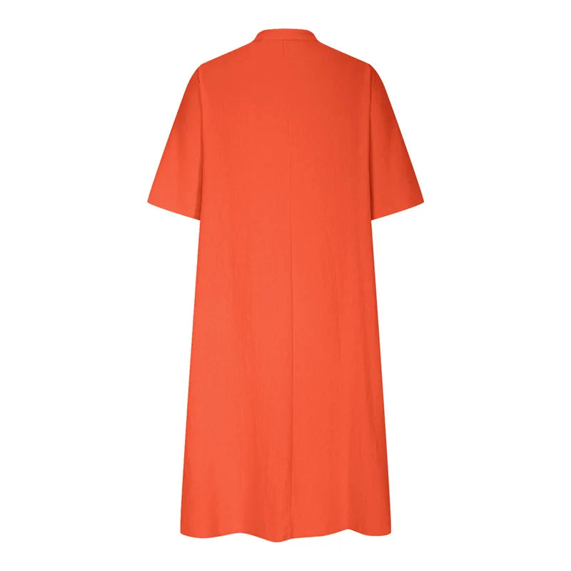 New Solid Color Cotton Linen Comfortable Casual Dresses Women Half Sleeve Loose Dress Gown Female Double Pocket Patchwork Frock