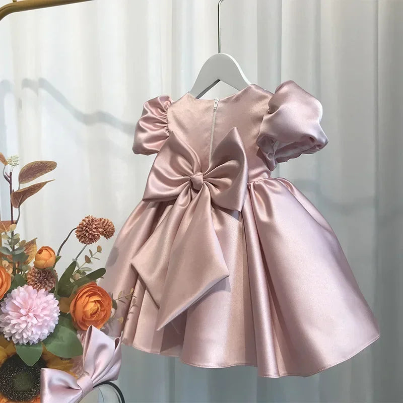 2026 Baby Girls Party Dress Blue Children Clothes Elegant Baptism Sleeves Plain Ball First Birthday Beading Puff Gowns