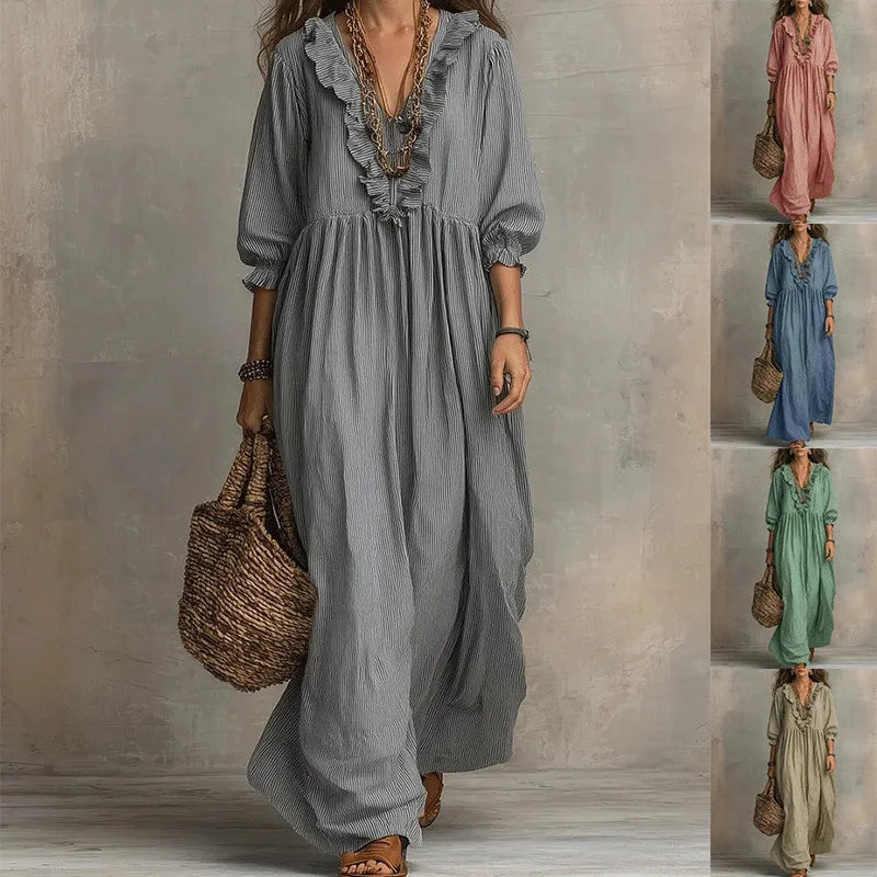 2026 New European and American Independent Website Striped Ruffled Loose High-Waisted V-Neck Fashion Casual Dress