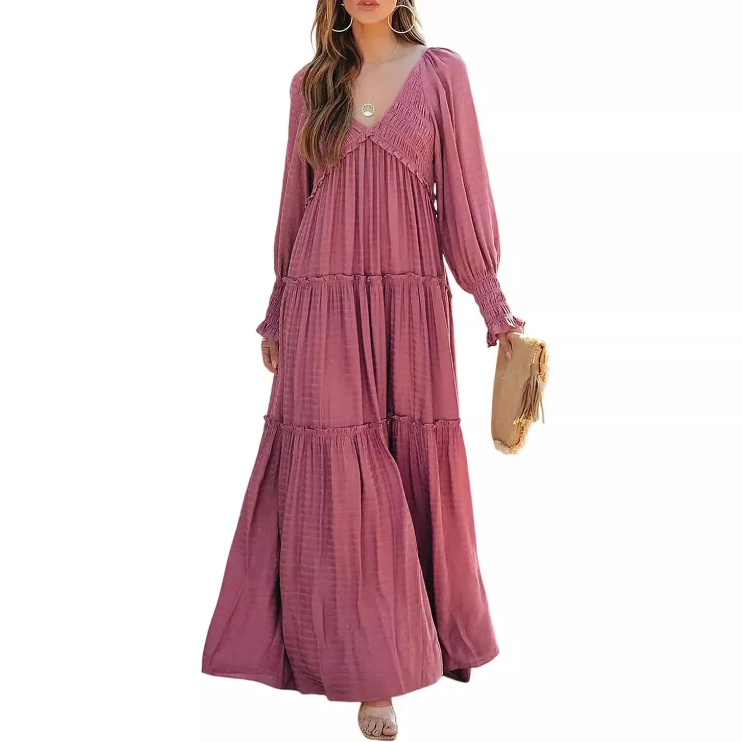 Long Dress Women Vintage V Neck Long Sleeve Dresses Loose Y2k High Waist Shirring Casual Summer Loose 2026 Elegant Slight Strech