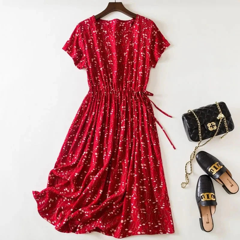 Cotton Silk Dress Women's Short Sleeved 2026 Summer New Ladies Slim Round Neck Temperament Beach Print Dresses