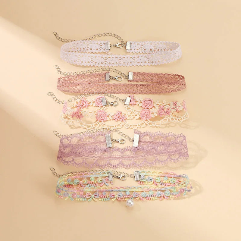 5 Pieces Sweet Pink Lace Choker Necklace Set For Women'S With Flower Pearl Dangle Clavicle Jewelry Accessories For Girls