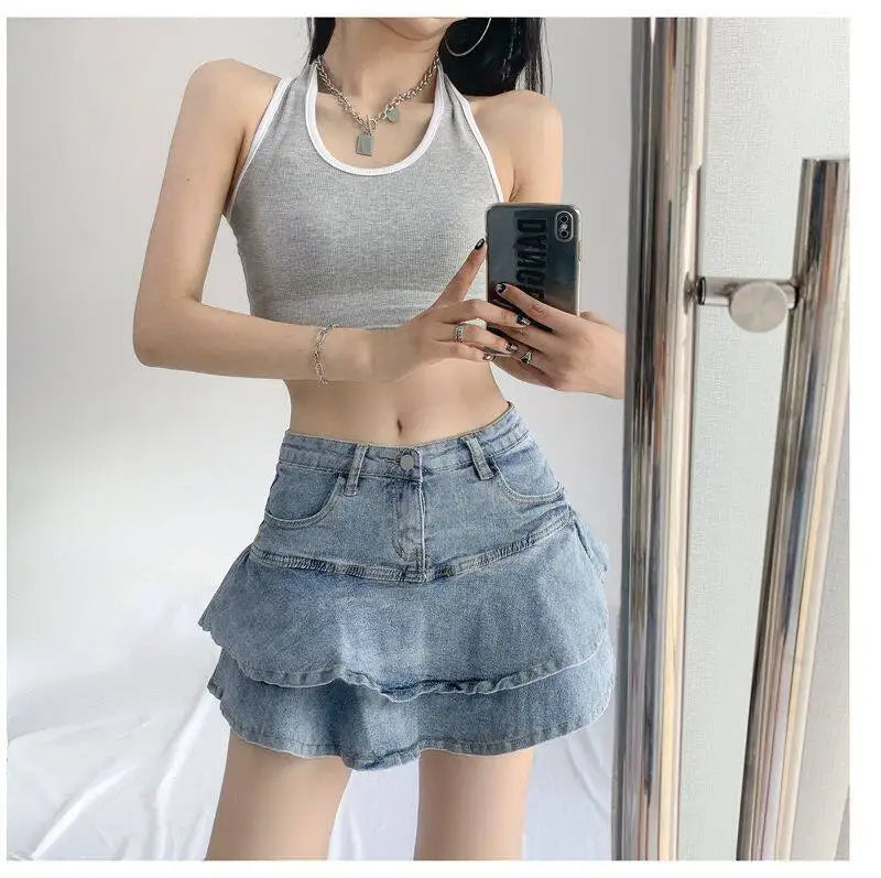 Harajuku Y2k Kawaii Hot Girl Denim Skirt College Style Women Pleated Skirt Jeans Casual High Waist Mini A-line Short Skirt