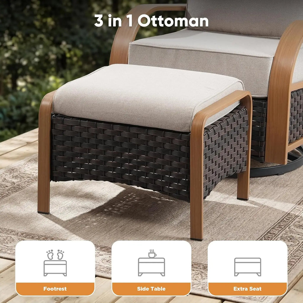 Wicker Patio Sofa Set with 6-Inch Cushions & Ottoman, All Weather 3 Seater Outdoor Furniture for Deck, Wood & Beige, Customized