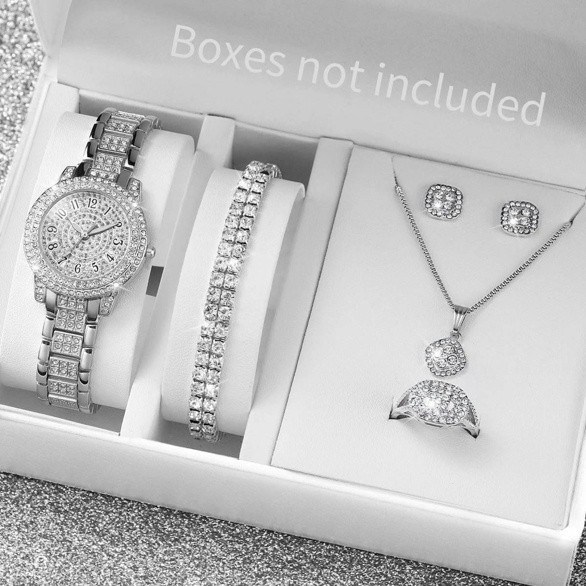 Full Diamond Watch Set For Women 6 Piece Gold Tone Steel Band Analog Quartz Jewelry Gift