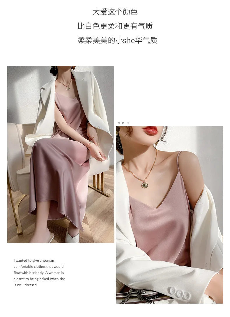 Sexy Solid Color Camisole Nightgown for Women Midi Length Sleeveless Slip Dress Inner Layer Base Dress Home Sleepwear Nightwear