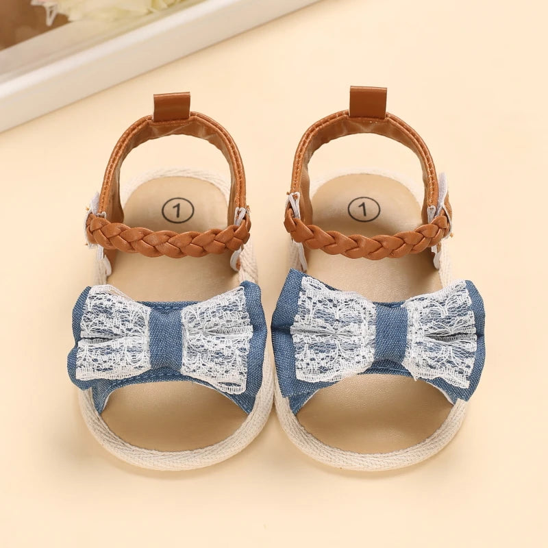 2025 Infant Baby Girls Summer Sandals with Flower Bowknot Soft Sole Wedding Dress Flats Newborn First Walkers Crib Dress Shoes