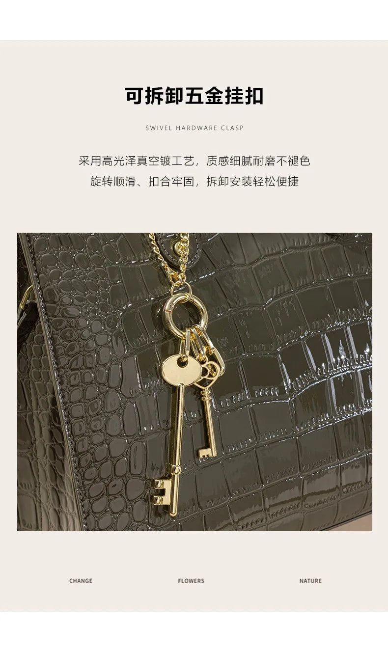 Shiny Crocodile Pattern Top-Handle Bag Women Glossy Patent Crossbody Shoulder Bag Elegant Tote Satchel with Key Pendant