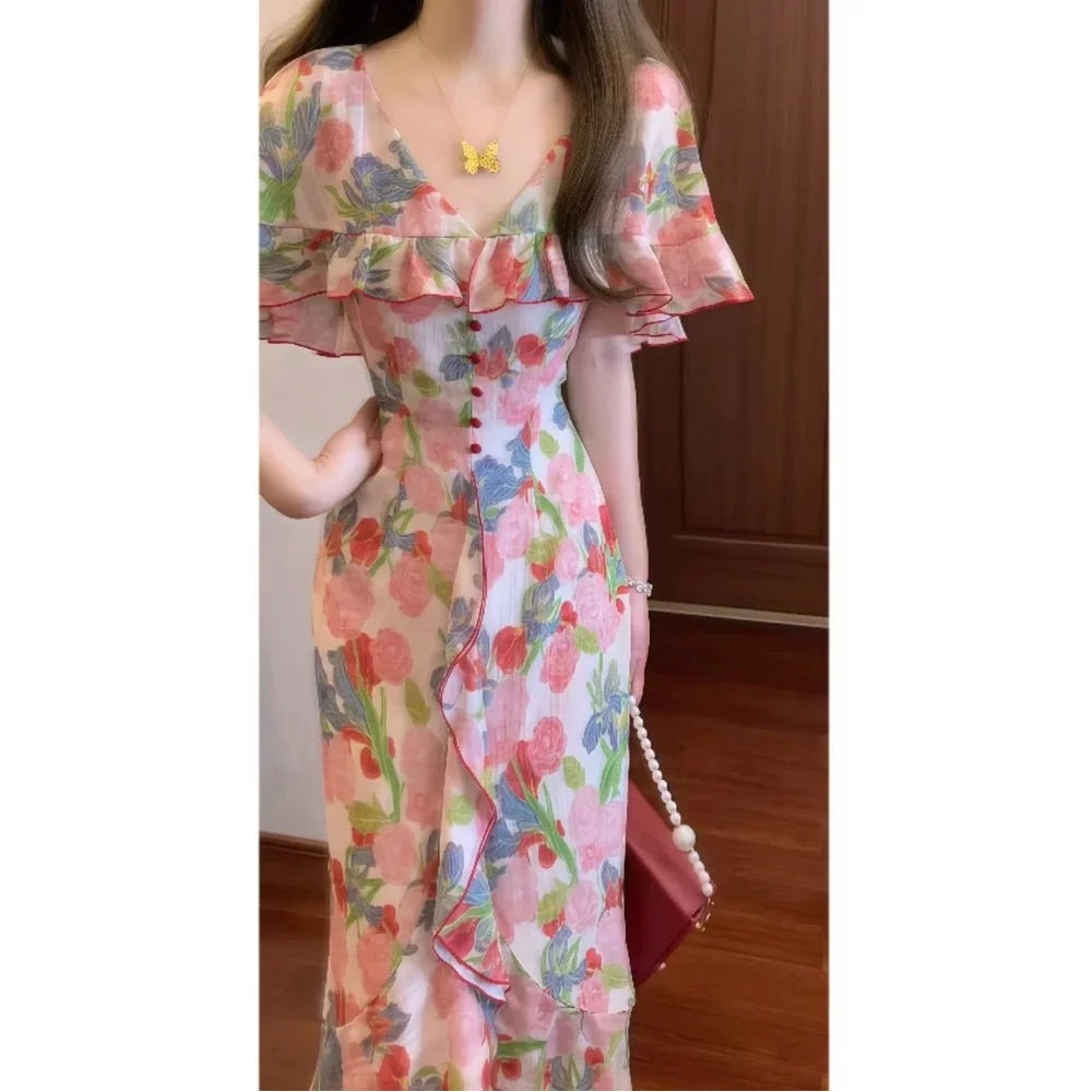 Romantic Elegant Vintage Floral Print Women's Dress Summer Slimming Long Skirt High Waist Short Sleeve A-Line Midi Dress