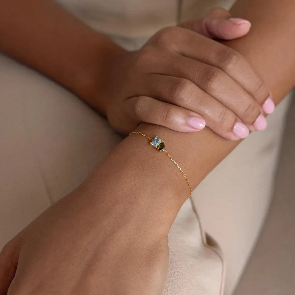 Personalized Birthstone Bracelet for Women Gold Plated Stainless Steel Dainty Two Stones Custom Gemstone Jewelry Birthday Gift