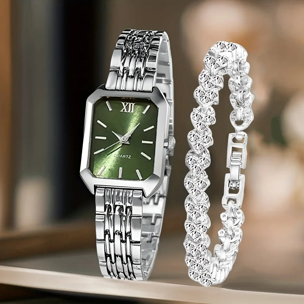 2PCS/Set Fashion Rectangle Women Quartz Watch Ladies Roma Dial Wristwatches Rhinestone Bracelet Set Reloj Mujer Girls Clock Gift