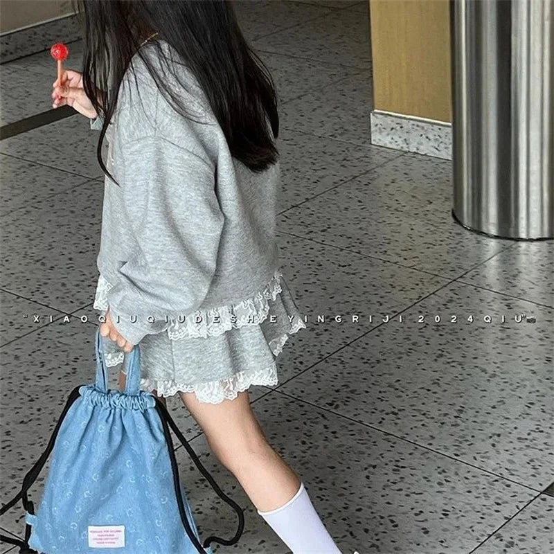 Girls Sets Children Sweatshirt Suits Kids Long Sleeve Top+Skirs 2Pcs Fashion Lace Drawstring Outfits Children Clothing Spring