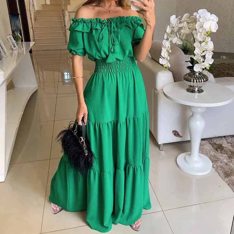 Summer Sexy Off Shoulder Slash Neck Ruffle Beach Party Dress Elegant Women Fashion Red Lace-up Pleated Holiday Long Dresses Robe