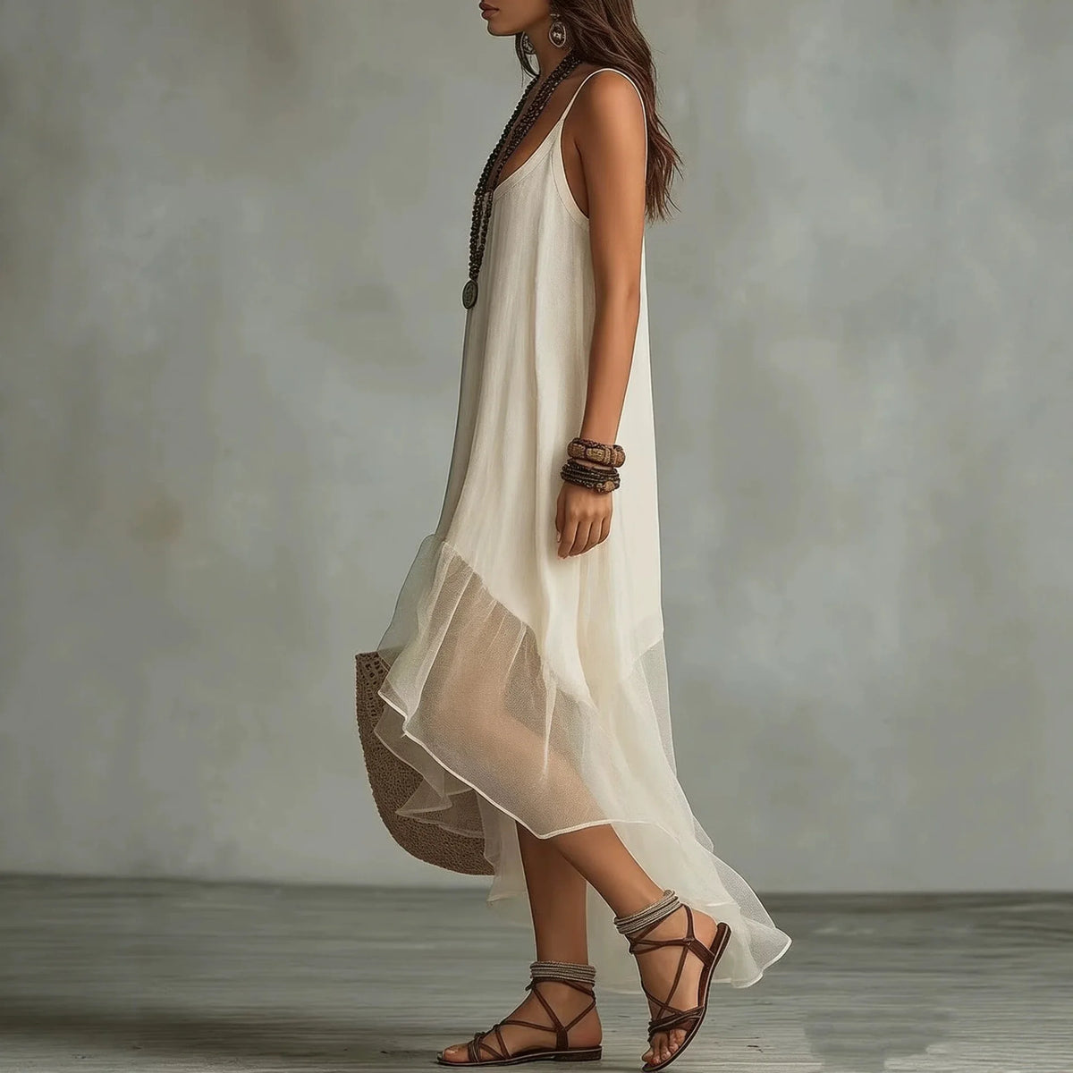Casual Beach Backless Asymmetrical Dress Womens Boho Solid Maxi Dress Sleeveless Spaghetti Strap High Low Ruffle Hem Flowy Dress