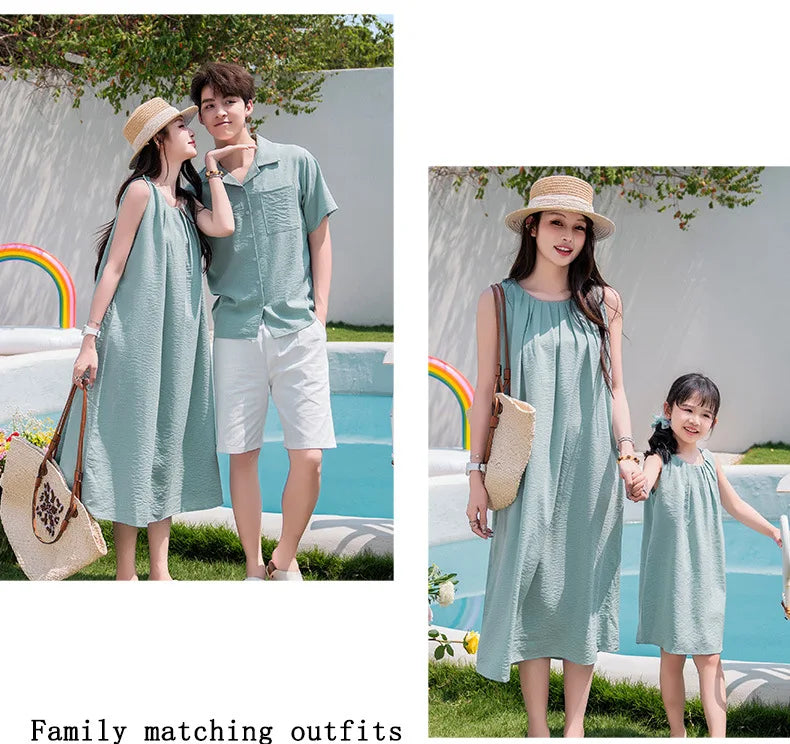 Vacation Family Matching Couple Outfit Dad Son Beach Shirts Mom Daughter Loose Dress Korean Parent-child Sister Brother Clothes