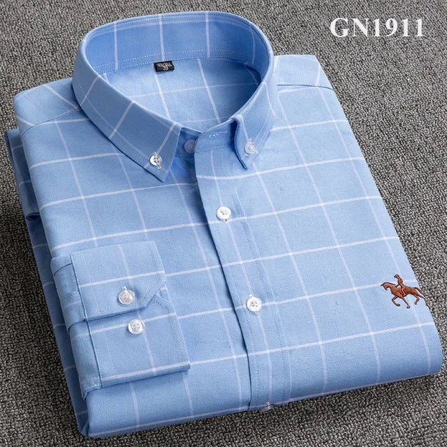 Premium Pure Cotton Oxford Shirt For Men Long Sleeve With Embroidered Horse Design Regular Fit White Dress Shirt