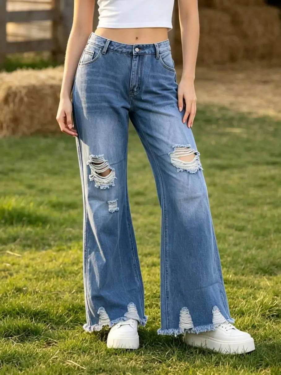【HME】Jeans | Women Big Ripped Frayed Flare Denim Pants, Mid‑High Waist Light Blue Washed Jeans, Knee Shredded Distress, Irregular Frayed Raw‑Edge Hem, Flare Leg Modify Calf, American Retro Street Style, Slim‑Fit Uni