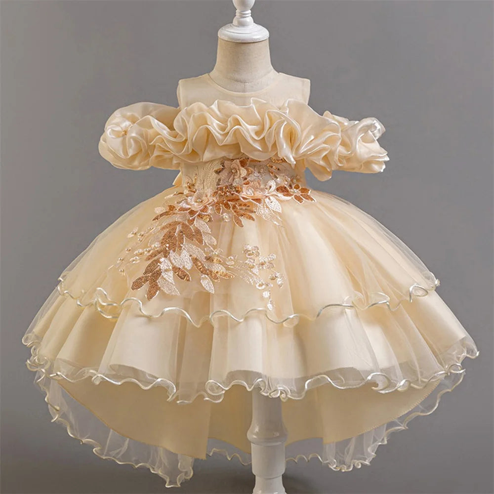 Fashion Pink Flower Girl Party Dresses Wedding Birthday Tulle Princess Dress for Kids Graduation Pageant Bridesmaid Kids Costume