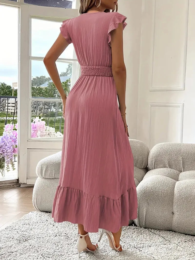 Women's Fashionable Elegant and Casual Long Ruffled Sleeves and Elegant Commuting V-neck Solid Color Pleated Splicing Slim Dress