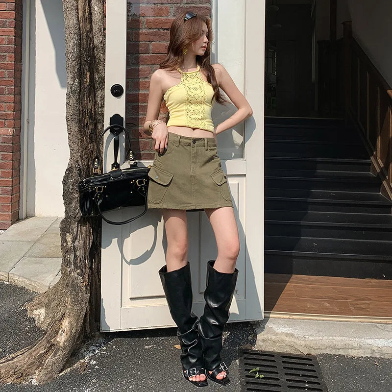 High Waist A-Line Mini Skirt Denim Skirt Women's Multi-Pocket Anti-Light Workwear Half Skirt Street Style Casual Wear