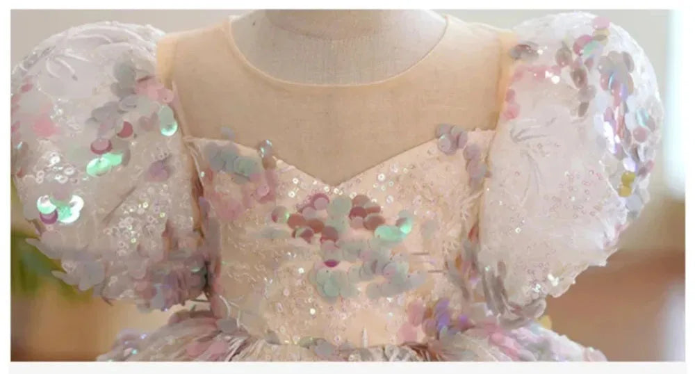 HETISO Children Evening Dresses Luxury Sequined Girls Birthday Party Fluffy Ball Gown Kids Tutu Wedding Formal Wear Gift
