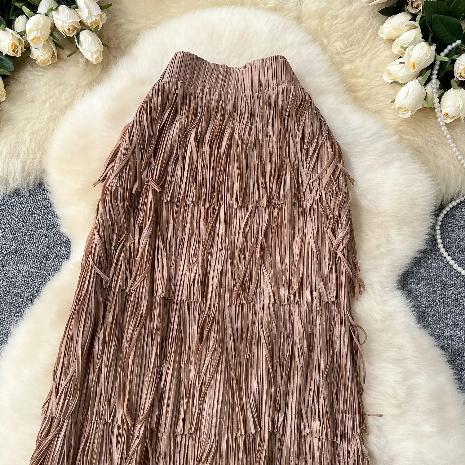 New In 2026 Spring Summer Tassel Midi Long Skirt For Women Trendy High Waist Streetwear Casual Skirts