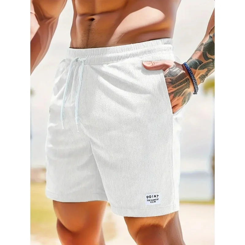 Summer Men's Solid Corduroy Shorts with Drawstring Casual Elastic Waist Fit for Outdoor Daily Activities Streetwear