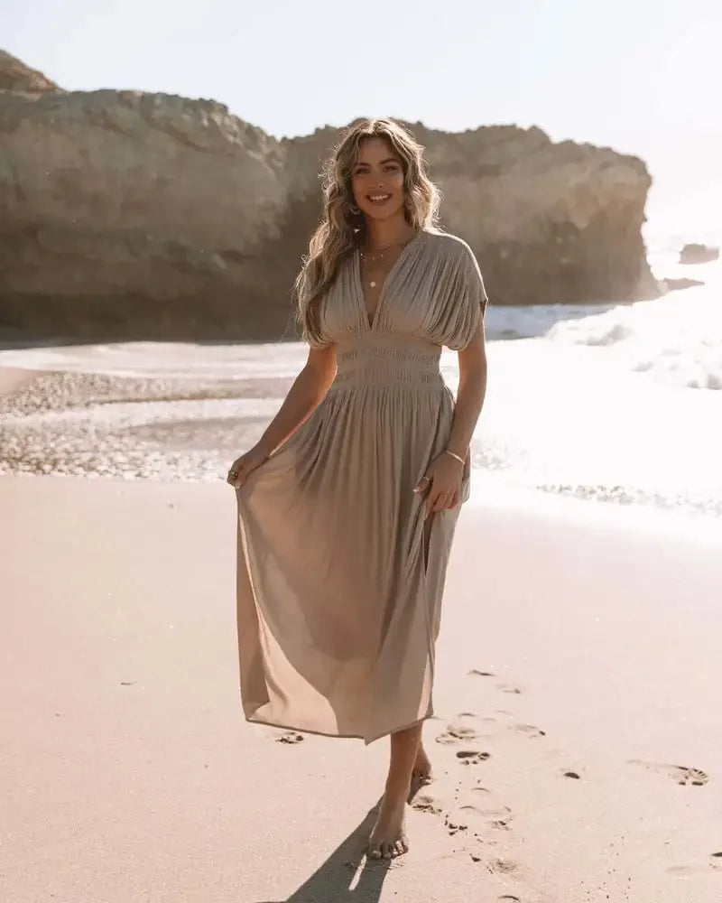 Slit V-neck Effortless Maxi Dress Solid Color Women Backless Leace-up Bat Sleeve Slit Dress Casual Beach Vacation Daily Wear