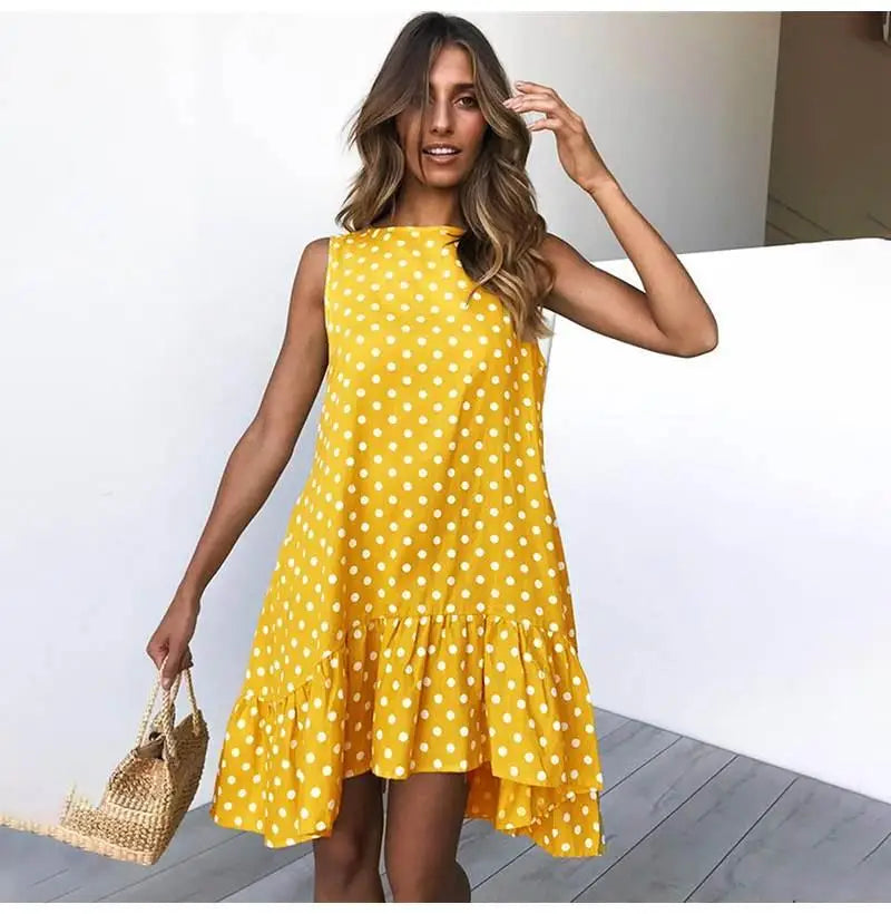 2020 Summer round Neck Sleeveless Polka Dot Loose A-Line Dress with Lace Hem Long Evening Gown Women's Fashion Casual Dress